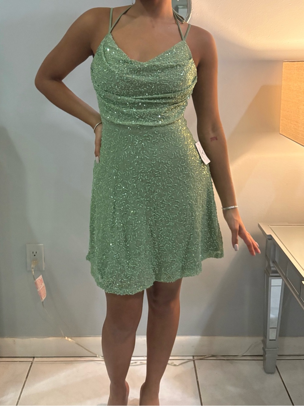 Sage Green Sequin Cowl Neck A line Mini Dress